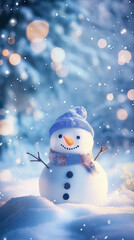 A snowman with a blue hat and scarf, standing in the snow with snowfall and bokeh lights, creating a serene and festive winter scene with copy space.