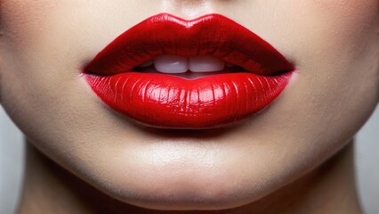 Close-up of a beautifully made-up mouth with bold, red lipstick applied, defining the contours of the lips against a flawless, porcelain-like complexion.