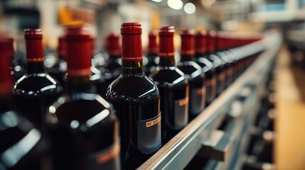 Industrial ottling line in a winery, filling ottles with red wine, highlighting the mass production in the everage industry.
