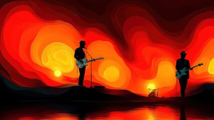 Fototapeta premium Two guitarists silhouetted against surreal red sunset