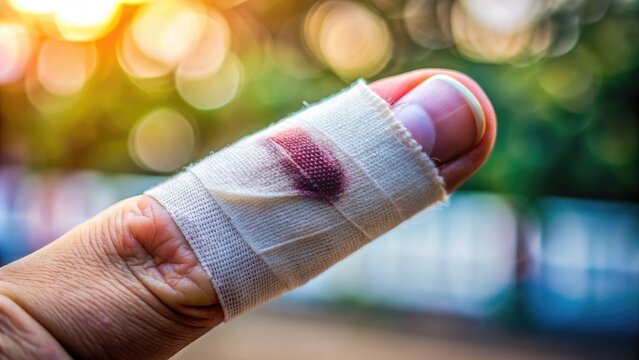 Close-up of a bandaged finger with a visible bruise and swelling, indicating a recent injury or accident, against a blurred background.