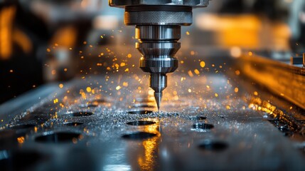 Industrial CNC machine drilling holes into a metal plate, showcasing the precision and power in metalworking.