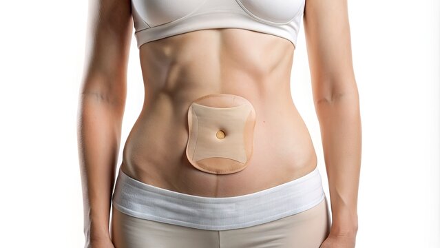 Close-up of a Caucasian woman's abdomen with a visible colostomy bag against a clean white background, highlighting the medical condition with sensitivity and realism.