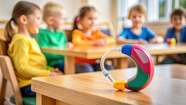 Close-up of a colorful, children's hearing aid device with a fun design, sitting on a table or desk, emphasizing accessibility and inclusivity for young learners.