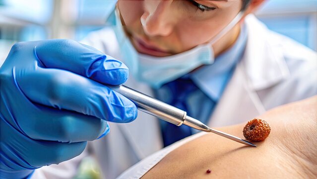 Close-up of a dermatologist's hand holding a surgical instrument, ready to remove a mole from a patient's skin, with a blurred medical background.