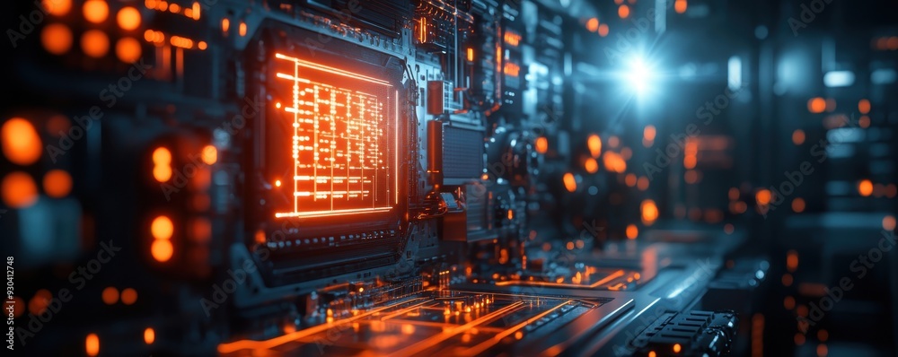 Poster image of a quantum computer processing complex data, focus on glowing circuits and detailed componen