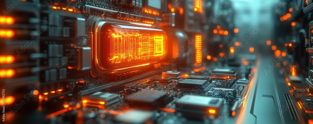 Poster image of a quantum computer processing complex data, focus on glowing circuits and detailed componen