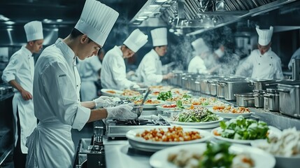 Industrial kitchen with chefs preparing multiple dishes, representing the fast-paced environment of the food industry.
