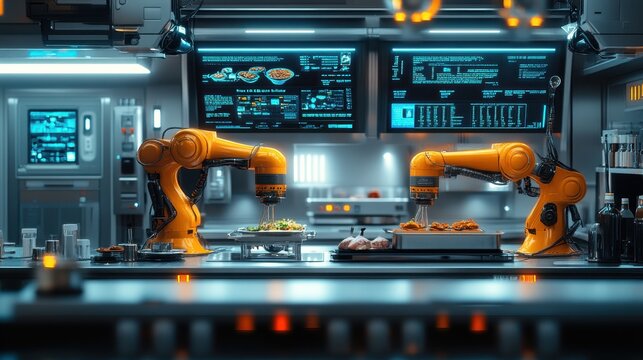 Illustration of a futuristic kitchen with automated cooking robots preparing gourmet dishes, symbolizing FoodTech innovation