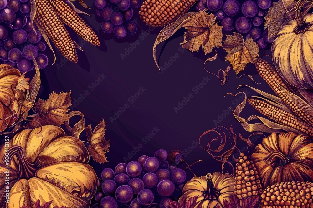 Wall mural A Thanksgiving banner with a luxurious golden and deep purple color scheme, a detailed illustration of a bountiful harvest with pumpkins, corn, and grapes