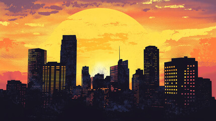 Fototapeta premium Pop art concept Silhouette of city skyscrapers, sunset. Colorful background in pop art retro comic style.