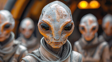 Close-up of an alien being with large reflective eyes and textured skin, dressed in futuristic attire, standing in front of a group of similar aliens in a dimly lit, high-tech environment.