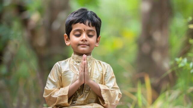 Serene Indian Child Practicing Yoga in Traditional Clothing for Health and Wellness Promotion