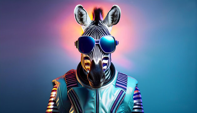 cebra vestida con traje futurista y gafas sobre fondo de color azul