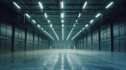 Empty Industrial Warehouse with Fluorescent Lights
