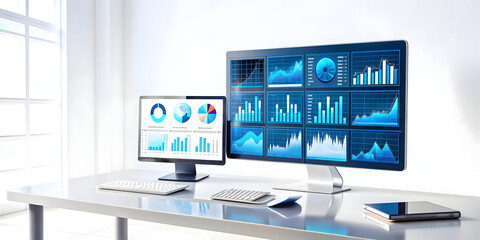 Naklejka premium 3D AI Powered Financial Services Background: Modern Office with Transparent Data Displays and AI Analytics for Precision Innovation in Finance