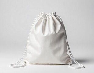 A white drawstring bag on a clean white background, suitable for branding mockups.