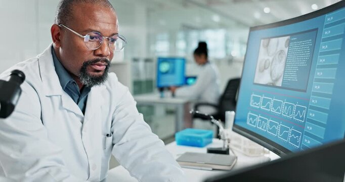 Black man, medical or research in laboratory, laptop and medicine for healthcare study or biotechnology. Biology, testing or scientist typing for antiaging cure, life extension breakthrough or dna