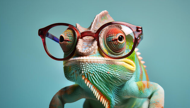 primer plano de camaleón con gafas sobre fondo verde