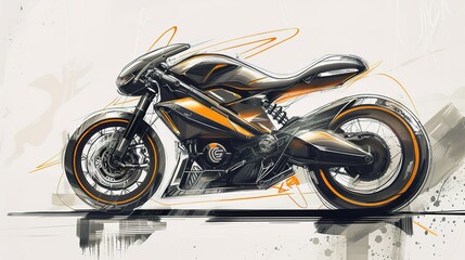 Hand-drawn sketch of a black motorcycle with orange accents.
