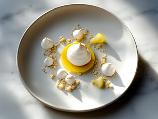 A minimalist, deconstructed lemon meringue pie on a white plate, set against a marble surface, showcasing elegant textures and a refined presentation.