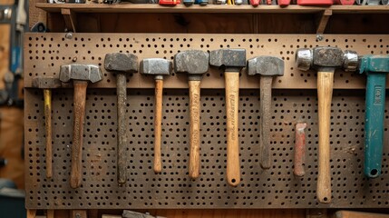 Industrial-grade hammers hanging on a tool rack, showcasing the ruggedness and duraility of essential tools.