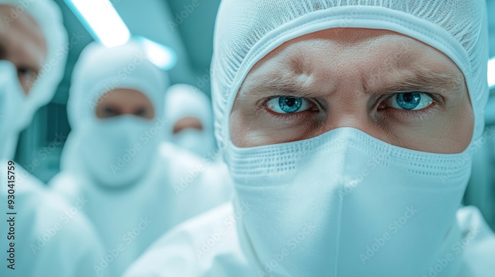 Poster a group of medical workers wearing surgical masks and white coats, ai