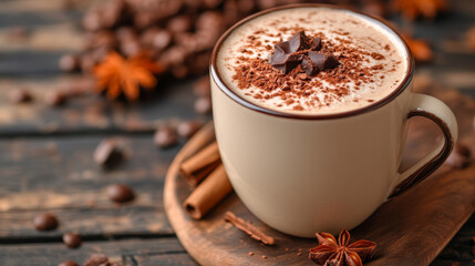 Warm and inviting, this coffee cup topped with chocolate and cocoa evokes cozy atmosphere. Perfect for relaxing moment.