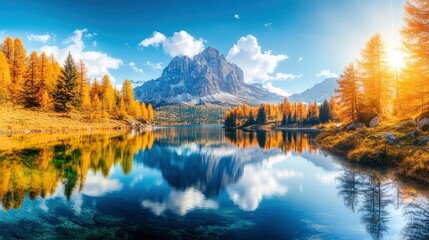 Fototapeta premium Fantastic sunny day on the lake Antorno in National Park Tre Cime di Lavaredo. Location Dolomiti alps, Province of Belluno, Italy, Europe. Perfect photo wallpapers. Discover the beauty of earth , ai