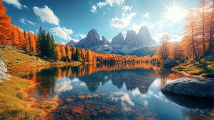 Obraz premium Fantastic sunny day on the lake Antorno in National Park Tre Cime di Lavaredo. Location Dolomiti alps, Province of Belluno, Italy, Europe. Perfect photo wallpapers. Discover the beauty of earth , ai