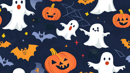 Happy Halloween Seamless pattern background with Ghosts, Bats and Pumpkin. 