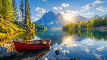 Obraz premium Fantastic sunny day on the lake Antorno in National Park Tre Cime di Lavaredo. Location Dolomiti alps, Province of Belluno, Italy, Europe. Perfect photo wallpapers. Discover the beauty of earth , ai