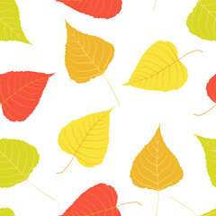 Autumn leaves pattern on white background. Hand drawn vector poplar foliage. Red, yellow, orange, green colors. Messy organic shapes