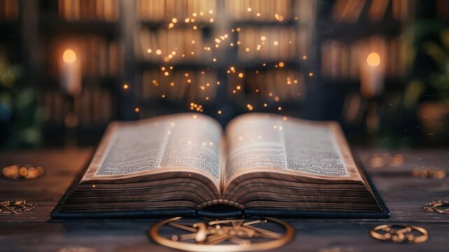 A floating book with lights streaming from its pages, surrounded by ancient symbols, symbolizing an arcane ritual - Powered by Adobe