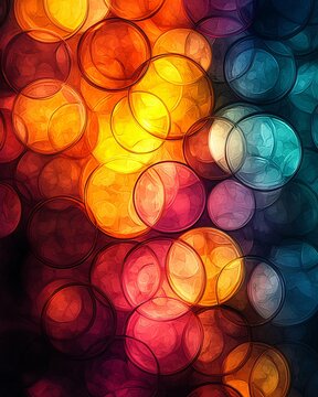 Abstract geometric design featuring interlocking circular shapes in vibrant primary colors