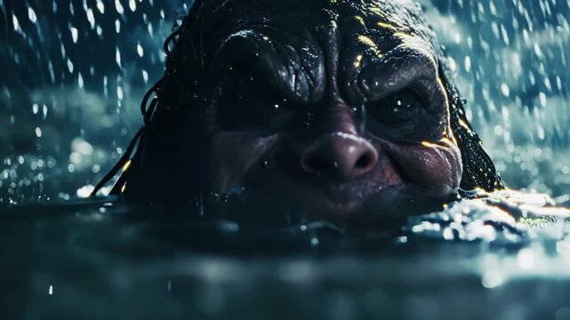 Scary monster with pointed teeth emerging from the water. Cinematic horror footage. Halloween theme.