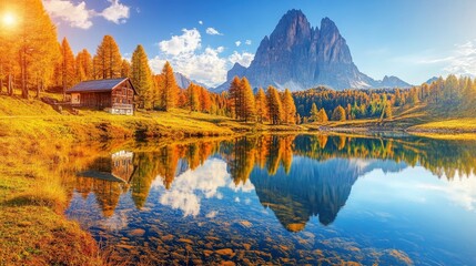 Fototapeta premium Fantastic sunny day on the lake Antorno in National Park Tre Cime di Lavaredo. Location Dolomiti alps, Province of Belluno, Italy, Europe. Perfect photo wallpapers. Discover the beauty of earth , ai