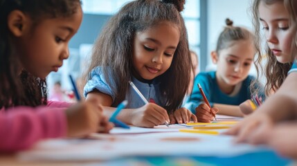 Diverse group of children drawing and sharing ideas about what they want to be when they grow up.