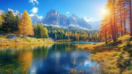 Fantastic sunny day on the lake Antorno in National Park Tre Cime di Lavaredo. Location Dolomiti alps, Province of Belluno, Italy, Europe. Perfect photo wallpapers. Discover the beauty of earth , ai