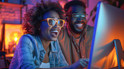 Obraz premium Excited Couple Making a Colorful Discovery on Computer at Home, Side View Shot with Bright Indoor Lighting