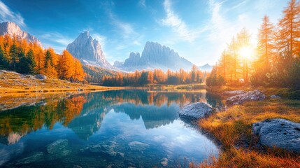 Fototapeta premium Fantastic sunny day on the lake Antorno in National Park Tre Cime di Lavaredo. Location Dolomiti alps, Province of Belluno, Italy, Europe. Perfect photo wallpapers. Discover the beauty of earth , ai