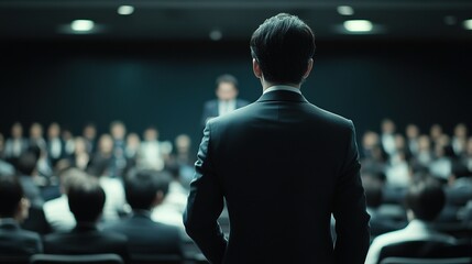 A CEO making a powerful speech to a group of professionals, with a focus on vision and leadership in a corporate setting