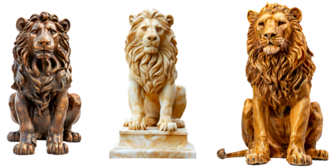 Set of a lion statue in a regal sitting position isolated on transparent background.