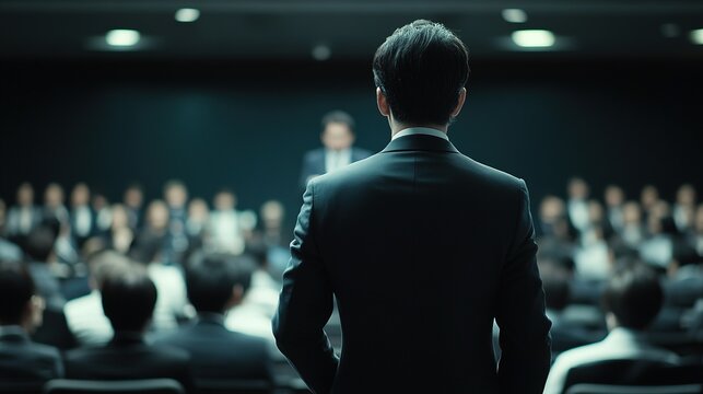 A CEO making a powerful speech to a group of professionals, with a focus on vision and leadership in a corporate setting