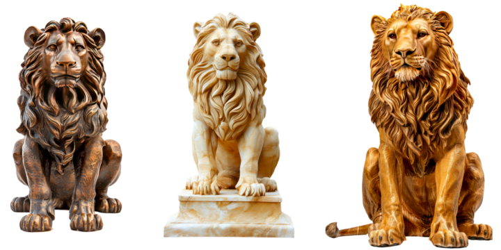 Set of a lion statue in a regal sitting position isolated on transparent background.