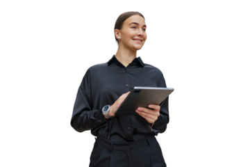 A young woman in a black shirt, smiling and holding a tablet, embodies confidence and modern professionalism.