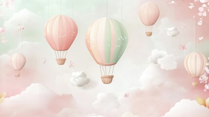 A serene illustration of pastel hot air balloons floating in a dreamy sky with clouds and butterflies.
