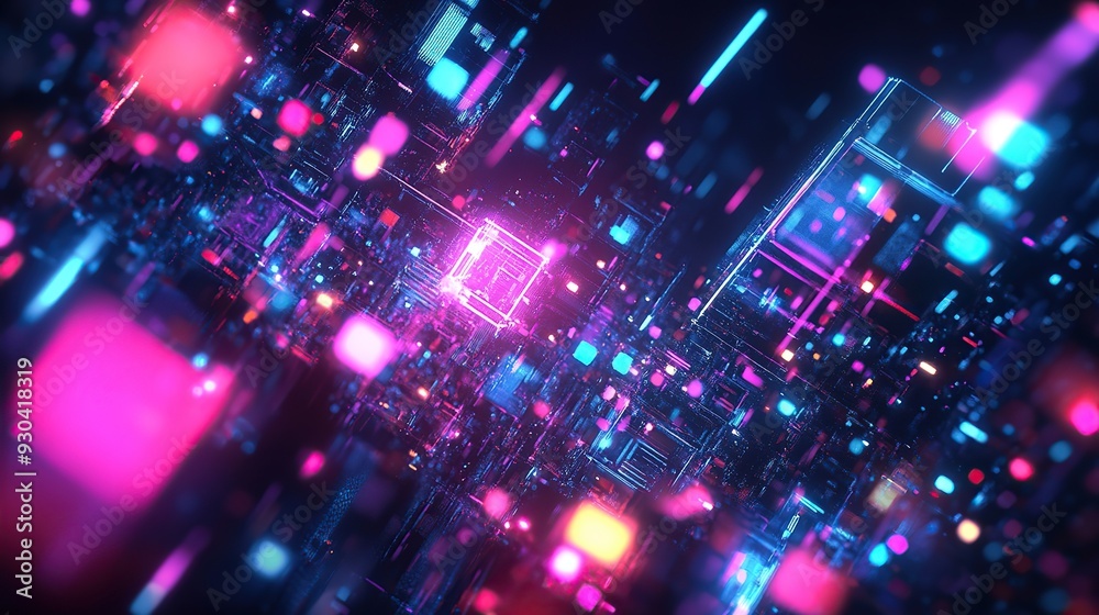 Fototapete abstract illustration of geometric shapes and structures in colorful neon colors and lights in cyber