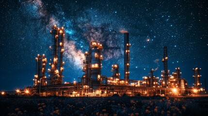 Fototapeta premium Illuminated Modern Industrial Buildings at Night with Starry Sky, Urban Complex Highlighted by Glowing Lights