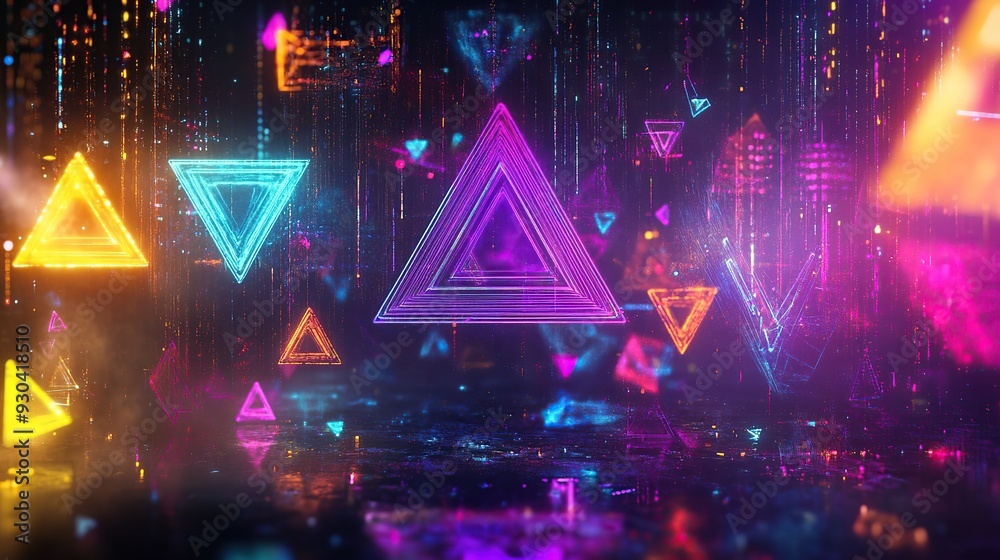 Fototapete abstract illustration of geometric shapes and structures in colorful neon colors and lights in cyber